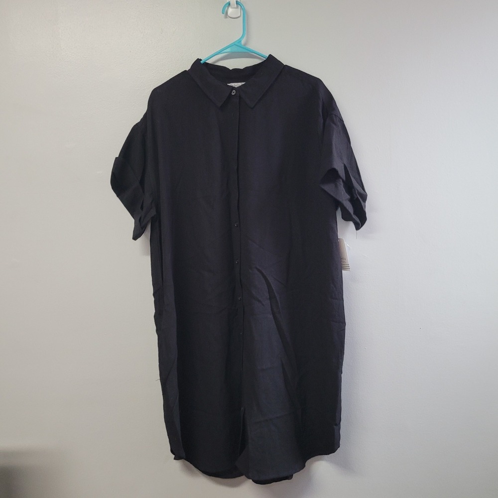 NWT Ophelia Roe Womens 1X Black Short Sleeve Button Front Shirt Dress 240
